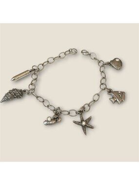 Nautical-Themed Silver-Tone Charm Bracelet With Shell Starfish Fish & Lobster Ac